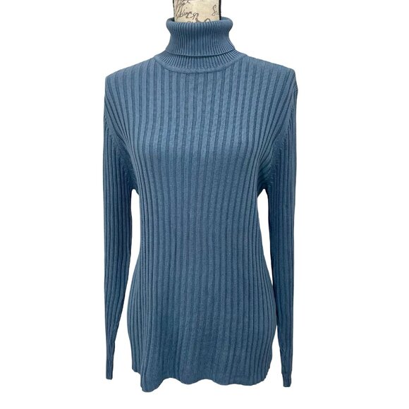 Vintage 90s Neiman Marcus 100% Silk Blue Ribbed Long Sleeve Turtleneck ; Large - Picture 1 of 10
